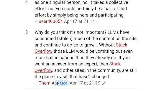 Trecho de discussão no Stack Overflow em que um moderador afirma que o site continua sendo essencial para respostas de especialistas, apesar do uso de conteúdo por modelos da Inteligência Artificial