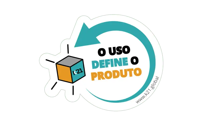 Uma seta saindo e voltando para uma caixa. A frase: O uso define o produto ao lado.