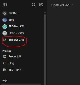 Menu lateral aberto com o link de Explorar GPTs (assistentes de Inteligência Artificial) marcado em vermelho