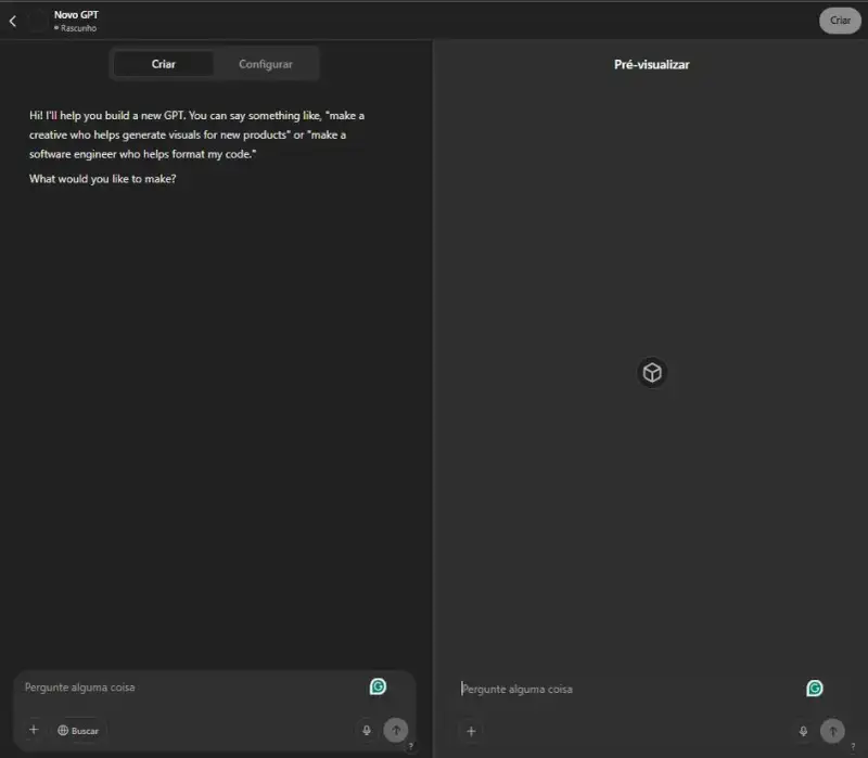 Captura de tela da interface de criação de um novo GPT no ChatGPT. No lado esquerdo, um assistente orienta o usuário a definir a função do agente com exemplos como 'criar um engenheiro de software que formata código'. No lado direito, a pré-visualização do GPT ainda está vazia, aguardando configuração.