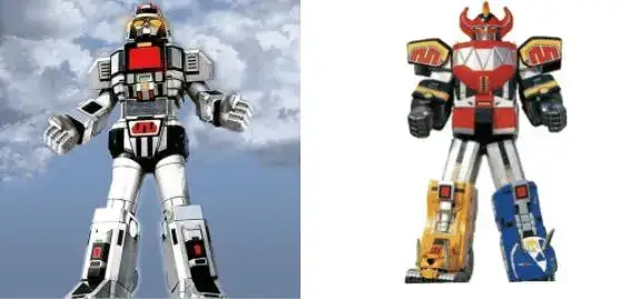 Gigante Guerreiro Daileon do seriado Jaspion (1985 - 1986) e Megazord do seriado Mighty Morphin Power Rangers (1993 - 1995)