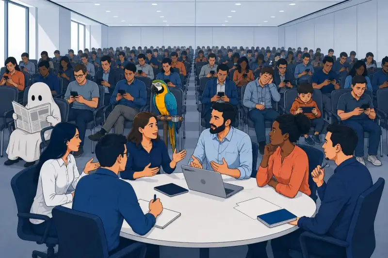 Seis pessoas discutem em uma mesa enquanto uma grande plateia permanece distraída, incluindo um fantasma lendo jornal, um papagaio e uma criança jogando videogame portátil.