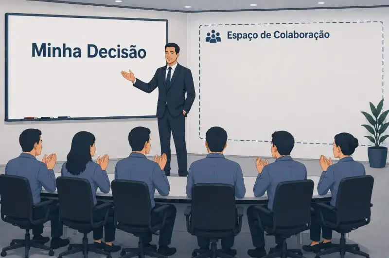 Homem de terno apresenta um quadro com “Minha Decisão” enquanto a plateia aplaude de forma indiferente e o “Espaço de Colaboração” permanece vazio.