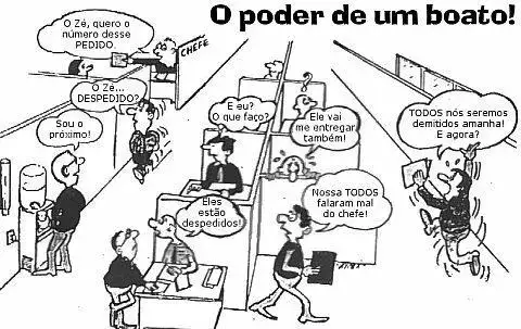Problemas da Rádio corredor. O chefe fala Zé quero o número desse pedido. Alguém entende: O Zé está despedido. Outra pessoa pergunta: e eu, o que que faço? Outra fala: Sou o próximo. Ao final do corredor alguém entende: Estão todos despedidos. Alguém proclama: Nossa, todos falaram mal do chefe. Alguém pensa: Ele vai me entregar também. Finalmente alguém entra em pânico e começa a gritar pelos corredores: Todos nós seremos demitidos amanha! E agora?