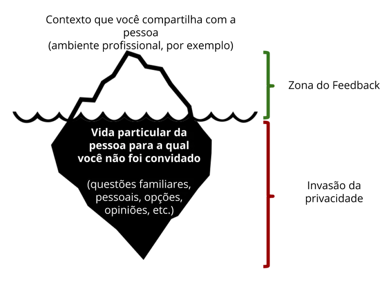 Um iceberg. A zona do feedbak envolve apenas a relação que você compartilha com a pessoa. Coisas submersas referentes a questões pessoais estão fora da zona de feedback. Seria uma invasão na privacidade da pessoa.