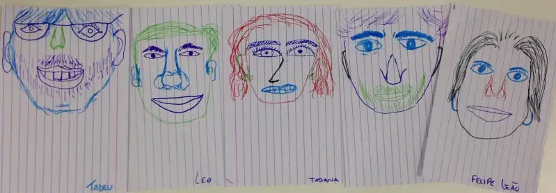 Figuras desenhadas de cinco pessoas feita colaborativamente com o face drawing.