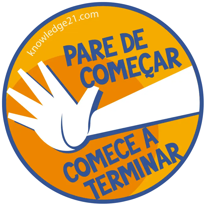 Adesivo com o lema do Kanban: Pare de começar e comece a Terminar. Uma mão branca em sinal de pare.