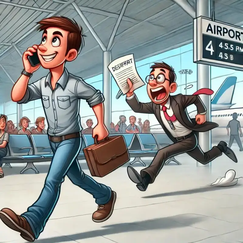 "Ilustração em estilo cartoon de um terminal de aeroporto movimentado. No primeiro plano, um homem jovem de camisa azul e calça jeans caminha confiante enquanto fala ao celular e carrega uma maleta marrom. Atrás dele, um homem de terno corre desesperadamente segurando um papel intitulado 'DOCUMENT' e uma caneta, tentando alcançá-lo para obter uma assinatura. O corredor tem uma expressão aflita, cabelo desgrenhado e uma gravata vermelha voando devido à velocidade. O fundo mostra um aeroporto com passageiros sentados e um painel de embarque indicando o portão número 4.