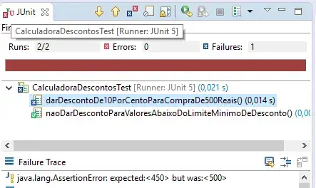 JUnit com os dois testes. O primeiro que avalia o primeiro critério de aceitação com sucesso e o outro que avalia o segundo retornando um erro de Assert.