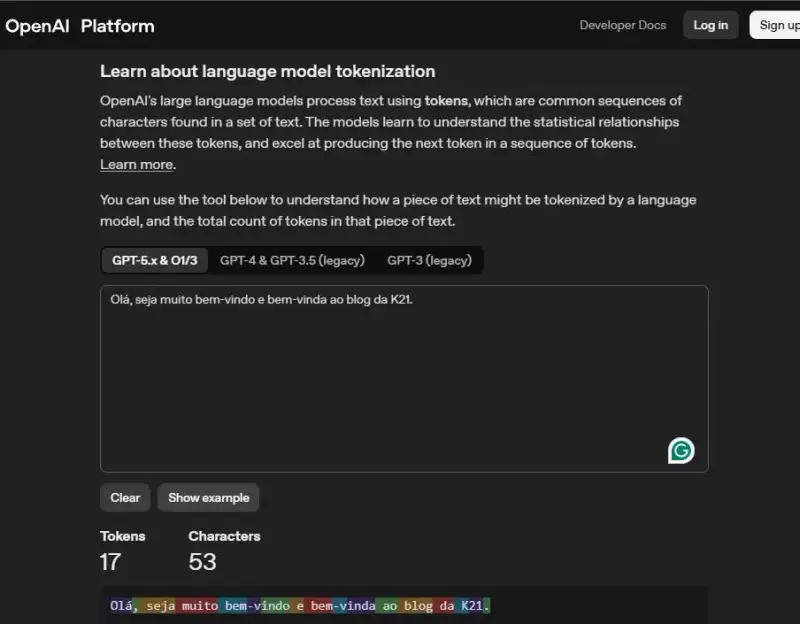 Ferramenta Tokenizer da OpenAI analisando uma frase em português, dividida em 17 tokens.