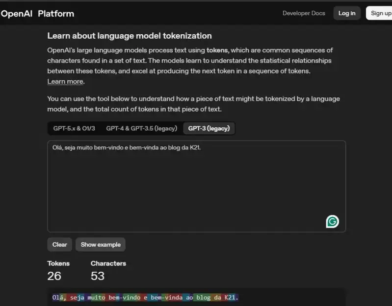 Ferramenta Tokenizer da OpenAI mostrando uma frase em português dividida em 26 tokens pelo modelo GPT-3 Legacy.