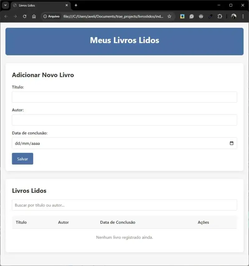 Tela da aplicação “Meus Livros Lidos” com formulário para adicionar título, autor e data de conclusão, e uma tabela listando livros registrados. Gerada pelo Trae