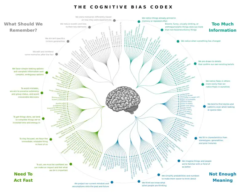 Um cérebro apontando para as 4 áreas de viés cognitivos: O que eu deveria lembrar? Muita informação. Sem muito significado. Preciso agir rápido. Para cada uma delas dezenas de vieses cognitivos formando uma espécie de flor com um cérebro no meio.