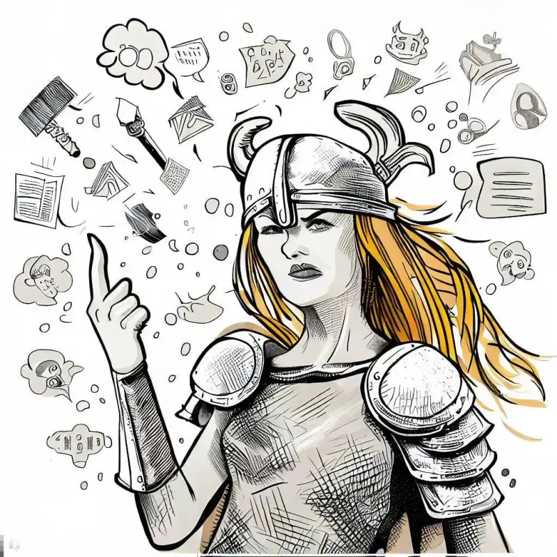 Mulher viking em posição imponente com várias ideias