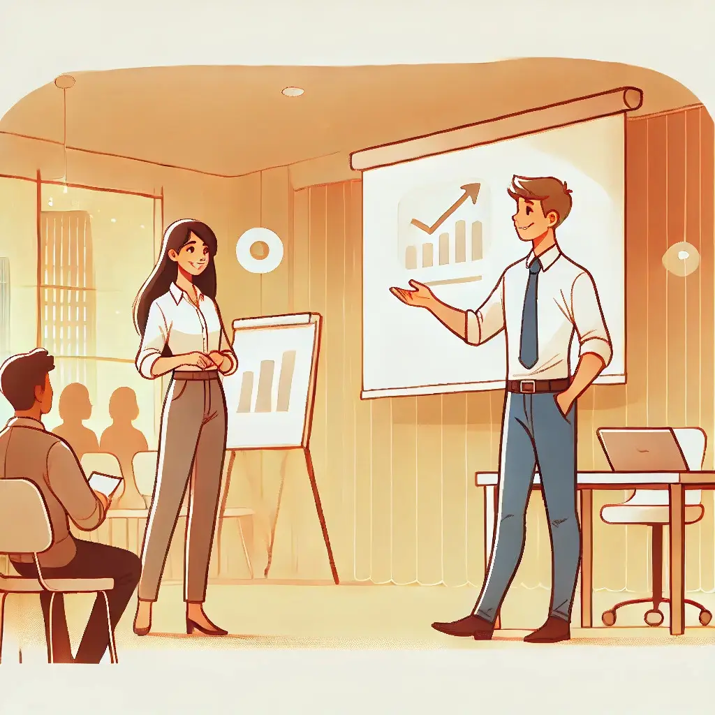 Ilustração em estilo cartoon mostrando dois profissionais em um ambiente de apresentação, destacando a comunicação eficaz. Um deles está falando com confiança e gesticulando em direção a um quadro ou tela, enquanto o outro observa e participa ativamente. A cena ocorre em uma sala moderna e bem iluminada, reforçando um ambiente profissional e colaborativo. O foco da imagem está na troca de informações, expressão corporal e conexão entre os apresentadores e o público, evidenciando a importância da comunicação clara e envolvente.