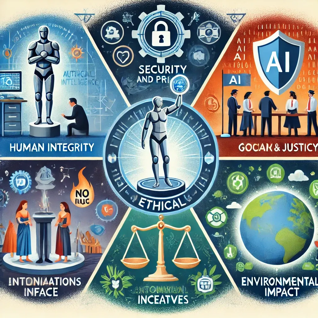 Imagem sobre Ética Aqui são apresentados os 5 pontos principal. No meio há uma mulher de armadura com a mão levantada. Ao redor dela temos as seguintes subimagens 1. **Integridade do Ser Humano**: Um indivíduo está de pé com um escudo protetor ao seu redor, simbolizando a preservação da privacidade e dignidade. O escudo é translúcido, sugerindo proteção, enquanto o personagem mantém uma postura confiante, demonstrando soberania sobre a tecnologia. 2. **Segurança e Privacidade**: Um cadeado digital grande está no centro, com um escudo ao redor dele, representando a proteção dos dados. Há um símbolo de 'proibido acesso' ao fundo, reforçando a ideia de controle e segurança sobre as informações pessoais. 3. **Governança e Justiça**: Uma balança da justiça equilibrada com símbolos de IA de um lado e ícones humanos do outro, representando equidade e imparcialidade. A cena remete a um tribunal medieval, refletindo o ambiente justo e ético. 4. **Interações Sociais e Incentivos**: Um grupo de pessoas interagindo entre si, com ferramentas de IA que facilitam as conexões, mas sem substituir as interações humanas diretas. As pessoas estão conectadas por luzes brilhantes que simbolizam a IA, em um ambiente amigável e acolhedor. 5. **Impacto Ambiental**: Uma imagem de um globo cercado por tecnologias de IA e símbolos de energia verde, como folhas e painéis solares, destacando o uso sustentável de recursos tecnológicos. Ao redor do globo, o progresso tecnológico se funde com a natureza, representando crescimento sustentável.