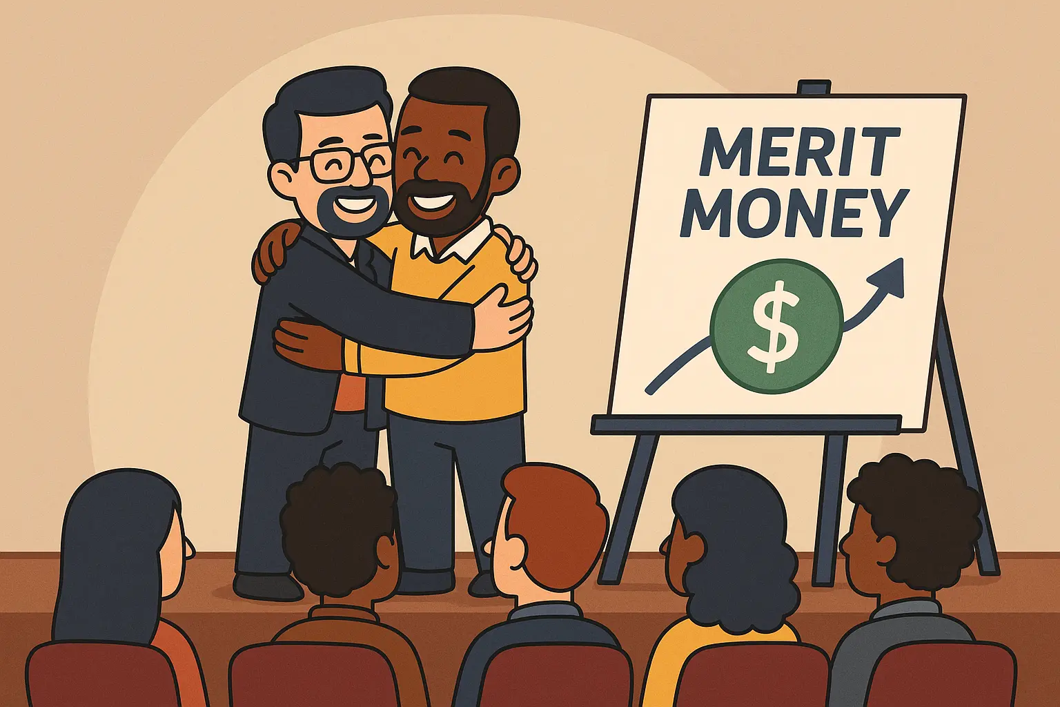 Ilustração de dois apresentadores se abraçando no palco durante uma palestra sobre Merit Money, com um público assistindo e um quadro mostrando o conceito com um símbolo de dinheiro e uma seta de crescimento.