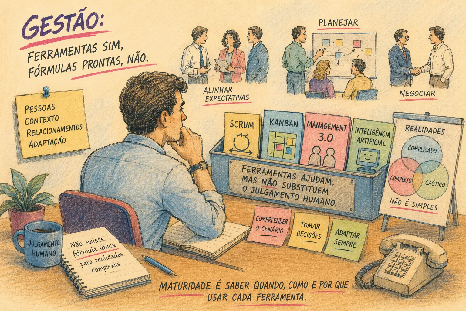 Ilustração em estilo desenho à mão com tons pastéis inspirados nos anos 80 mostrando um gestor refletindo sobre desafios da gestão. Ao redor dele aparecem pessoas conversando, negociando e planejando, além de ferramentas como Scrum, Kanban, Management 3.0 e Inteligência Artificial. A imagem destaca que a gestão envolve pessoas, contexto, relacionamentos e adaptação contínua, e que as ferramentas auxiliam, mas não substituem o julgamento humano.