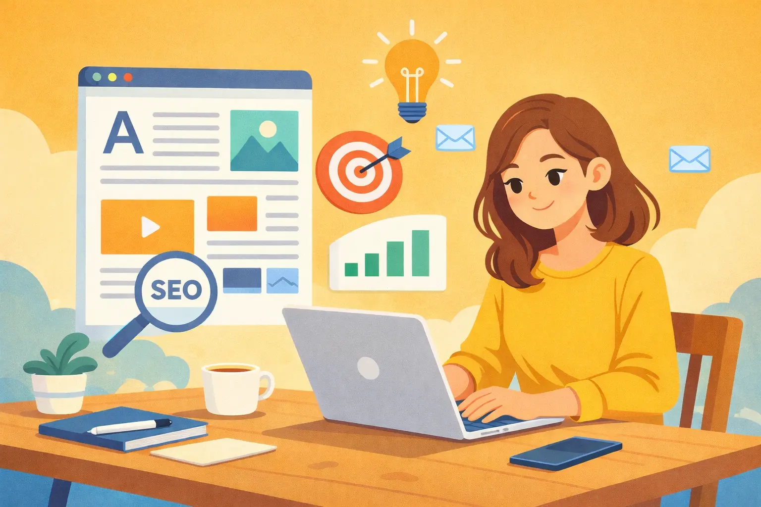 Ilustração em estilo flat cartoon mostrando profissional trabalhando em um notebook com elementos visuais de inteligência artificial, métricas e tecnologia, representando a transformação do desenvolvimento de software pela Inteligência Artificial