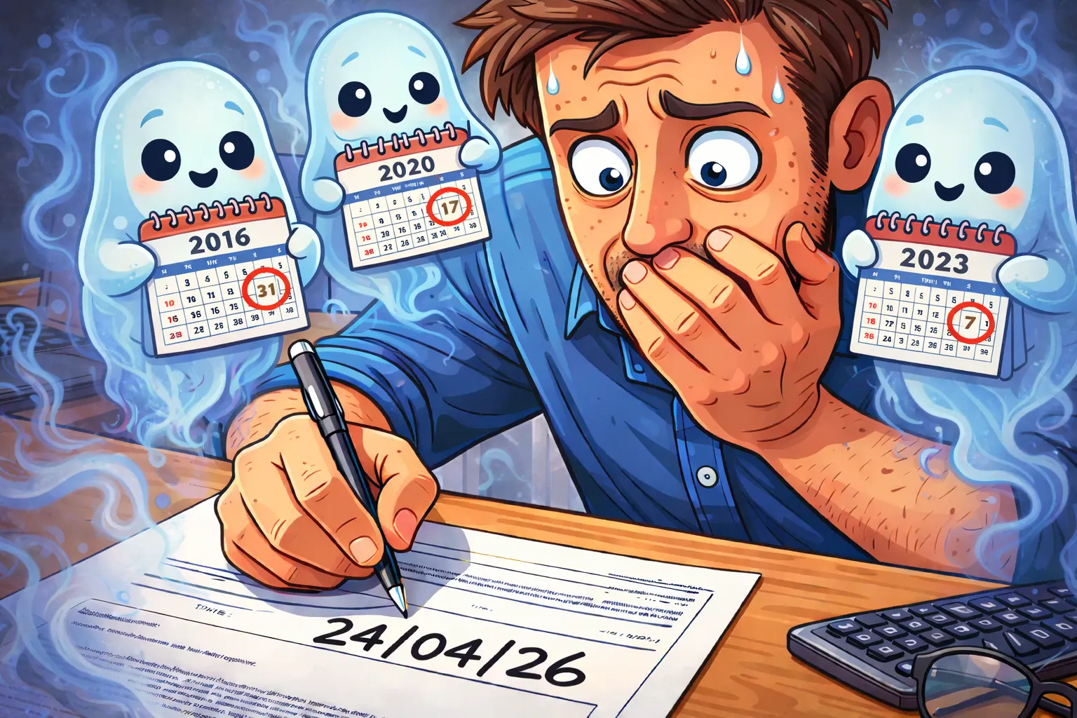 Ilustração em estilo cartoon, formato paisagem, de um homem adulto sentado à mesa escrevendo a data 24/04/26 em um documento. Ele está visivelmente assustado, com olhos arregalados, suor escorrendo pelo rosto e uma mão cobrindo a boca. Ao redor dele, três fantasminhas simpáticos flutuam, cada um segurando um calendário de anos passados. Um mostra o ano de 2016 com o dia 31 marcado, outro o ano de 2020 com o dia 17 circulado e o terceiro o ano de 2023 com o dia 7 destacado. O ambiente é um escritório simples, com mesa de madeira, teclado, óculos, um notebook e um calendário de mesa ao fundo. A cena transmite humor e tensão, como se o personagem estivesse sendo assombrado por datas do passado enquanto tenta escrever uma nova data no documento.