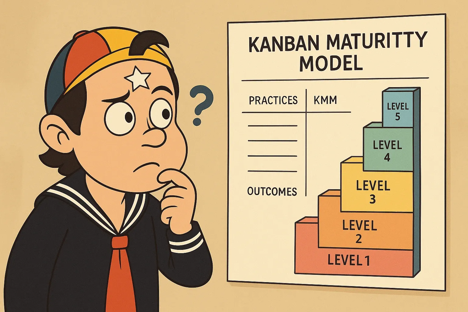 Quico, personagem do seriado Chaves, com uma estrela na testa e expressão de dúvida, observa atentamente um pôster ilustrativo do Kanban Maturity Model (KMM), que exibe níveis de maturidade de 1 a 5 em degraus coloridos.