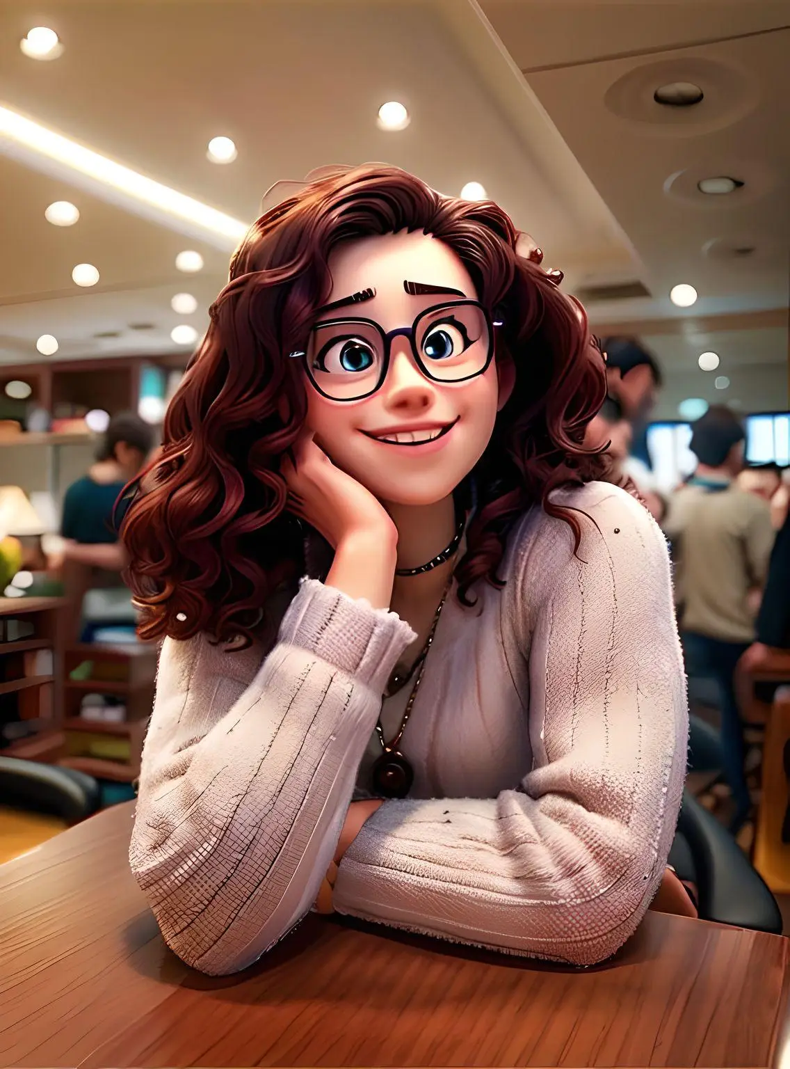 Menina ruiva de óculos apoiando a mão no queicho