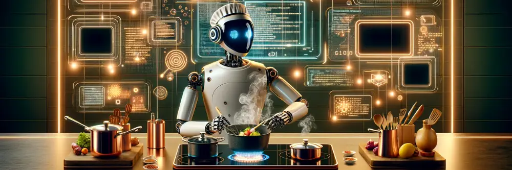 Um robô vestindo uma roupa de cozinheiro em uma cozinha de restaurante. A premissa do texto: Learning Something New: Prompt Engineering X Gourmet Cooking