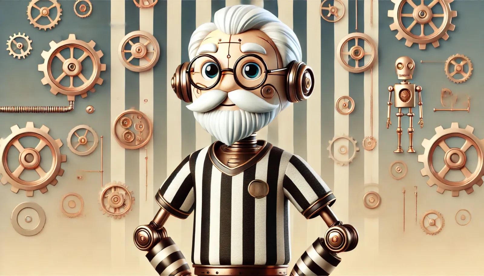 Um simpático robô em estilo cartoon steampunk, com cabelo branco comprido, barba branca curta e óculos redondos. Ele veste uma camisa listrada na horizontal em preto e branco, no estilo de uniforme de futebol. O cenário ao fundo é suave, com tons pastéis, transmitindo uma atmosfera acolhedora e amigável. Elementos visuais steampunk, como engrenagens e detalhes metálicos, compõem seu corpo de forma charmosa e criativa.