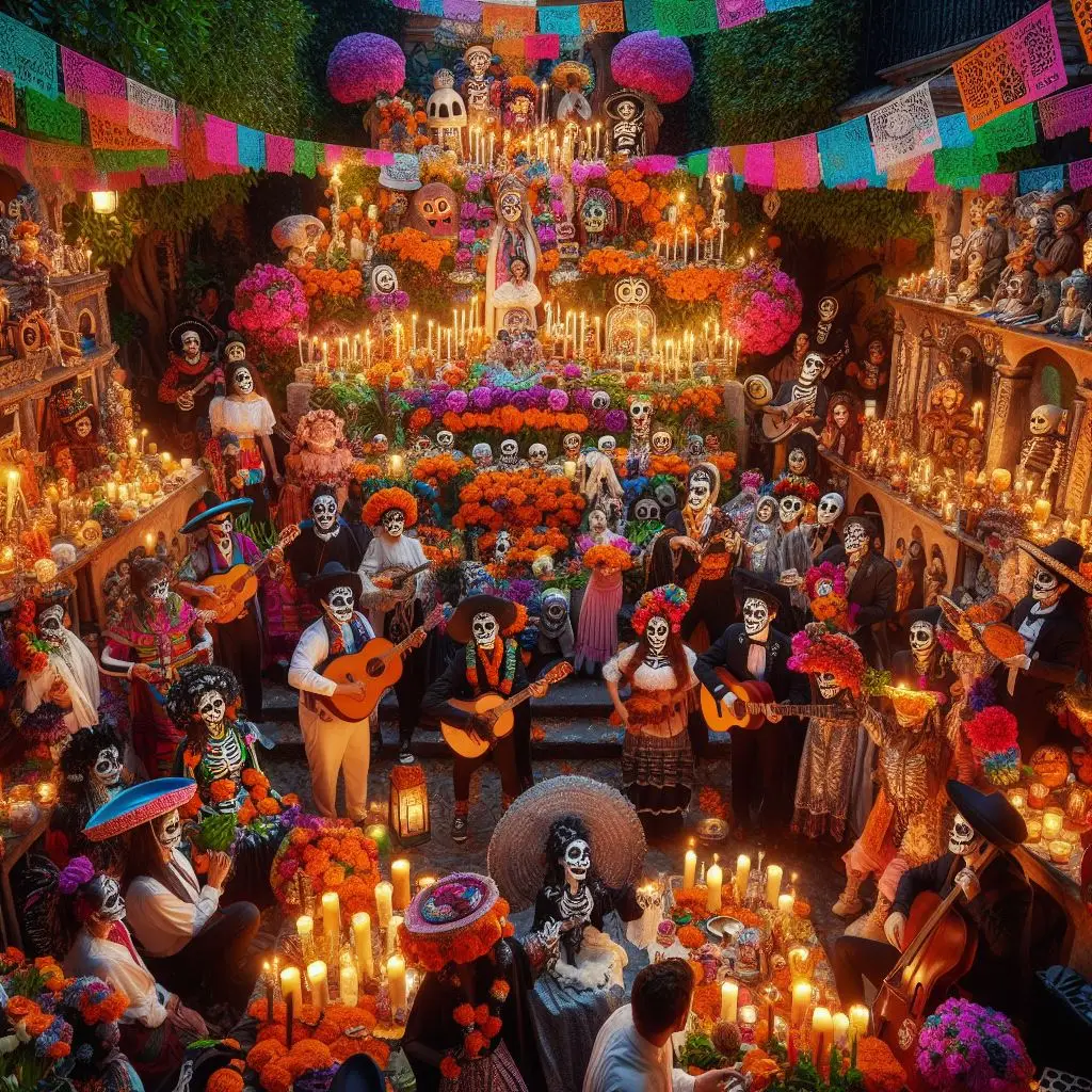 Uma festa em um cemitério mexicano. Todas as pessoas utilizam fantasias de caveiras e roupas típicas do México. Algumas tocam violão, outras dançam.