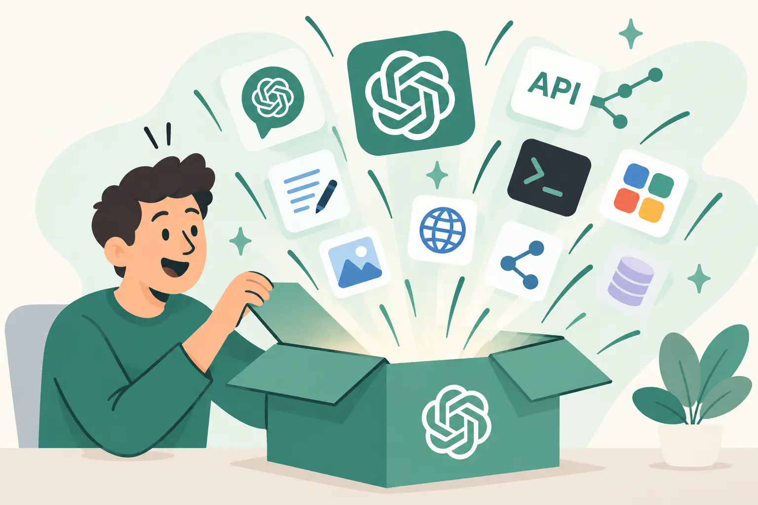 Homem abrindo uma caixa da qual surgem o logo do ChatGPT e ícones de programação, API, documentos, imagens, web, integrações e dados.