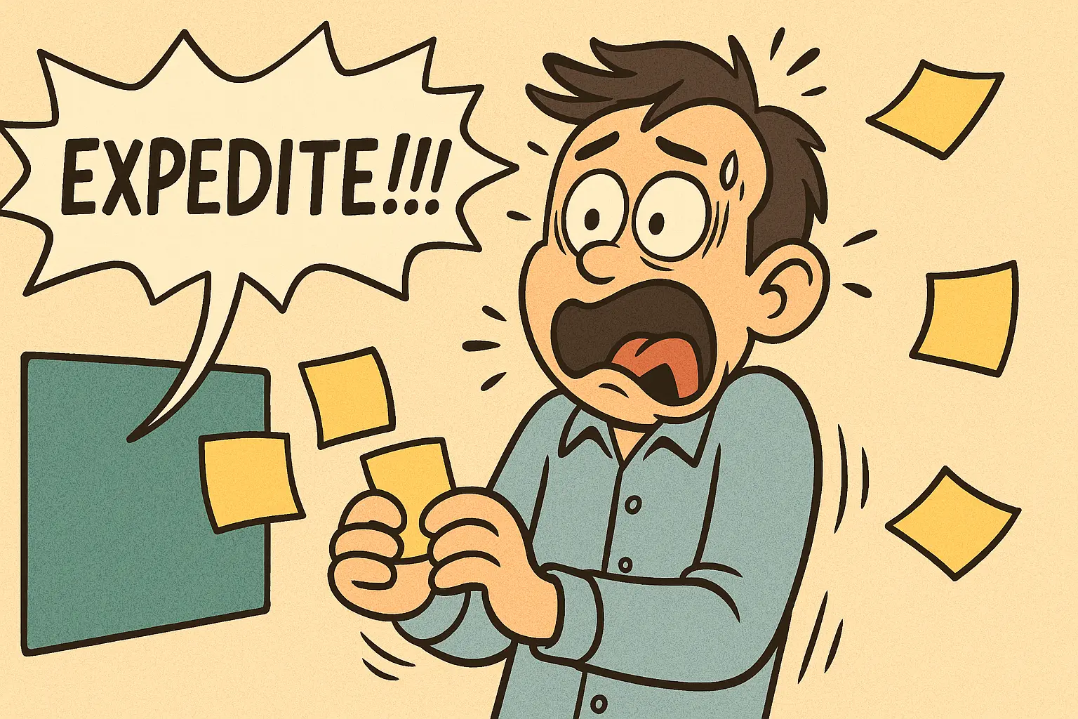 Ilustração em estilo cartoon mostrando uma pessoa diante de um quadro Kanban. Ele segura post-its e leva um grande susto ao ouvir alguém gritar “EXPEDITE!!!” em um balão de fala. A expressão é de choque, com olhos arregalados, suor na testa e a boca aberta. Vários post-its voam pelo ar devido ao susto.