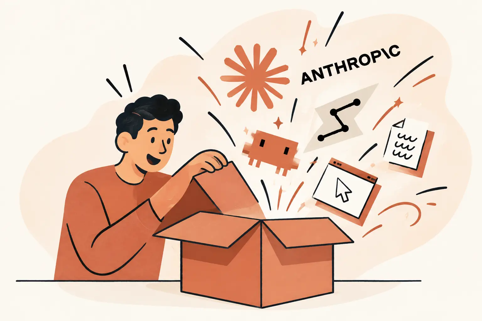 Homem abrindo uma caixa de onde saem símbolos das ferramentas Claude e da Anthropic, representando as diferentes formas de usar a inteligência artificial.