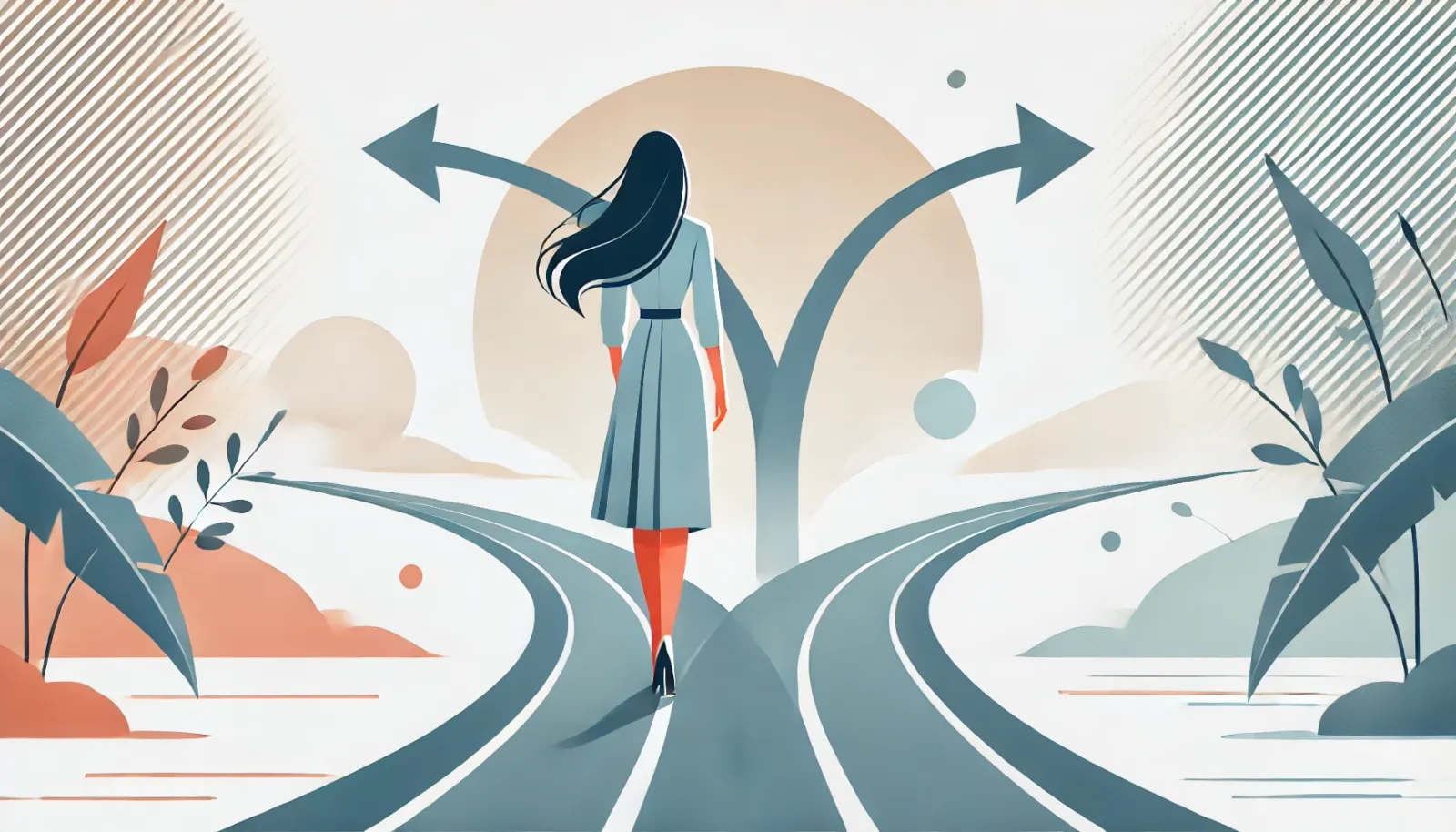 Ilustração elegante e minimalista de uma líder feminina, vista de costas, diante de uma bifurcação no caminho, representando decisões difíceis e incertezas na liderança. O ambiente é limpo e contemporâneo, com cores suaves e elementos gráficos discretos simbolizando hipóteses, testes e intuição.