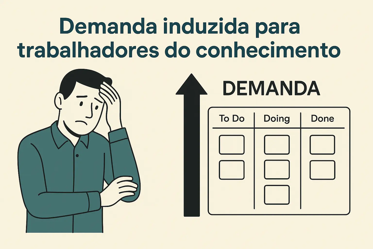 Ilustração mostrando um trabalhador do conhecimento com expressão de preocupação ao lado de um quadro Kanban. Acima do quadro há uma seta grande apontando para cima com a palavra “Demanda”, sugerindo aumento constante de trabalho.