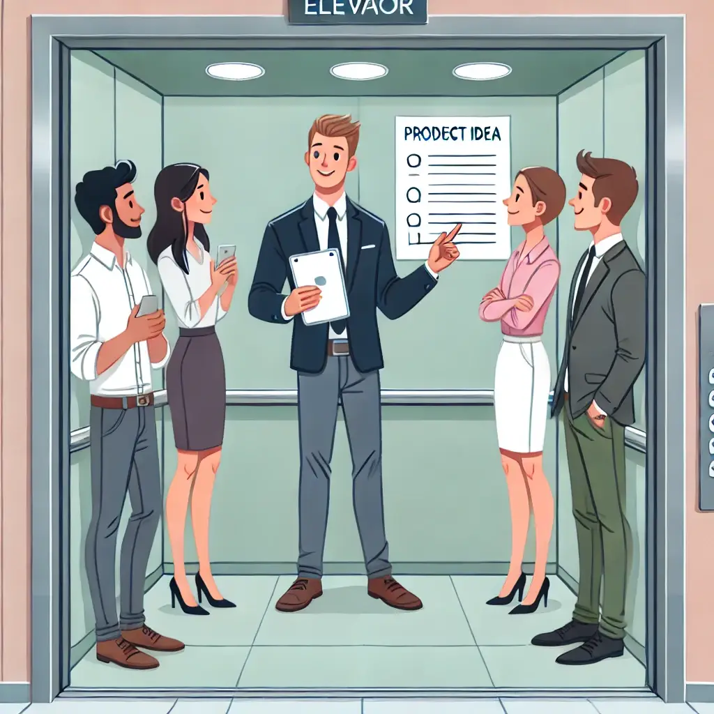 Ilustração em estilo cartoon representando um Elevator Pitch. Um profissional está dentro de um elevador, apresentando sua ideia de produto para quatro pessoas que o ouvem atentamente. O apresentador segura um tablet com linhas que simulam anotações escritas, enquanto gesticula com confiança. Os ouvintes demonstram interesse e curiosidade. O cenário é um elevador moderno, com tons pastéis e design minimalista, destacando o ambiente corporativo.