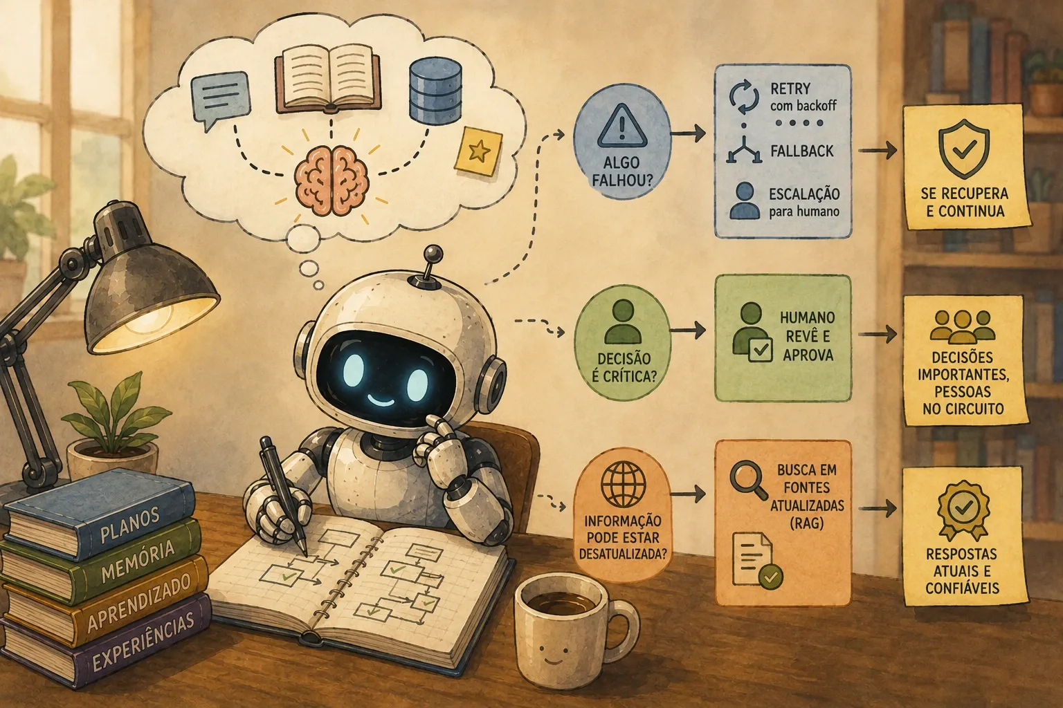 Ilustração em estilo aquarela vintage de um robô analisando um fluxo de trabalho enquanto decide como agir diante de falhas, quando solicitar aprovação humana e quando buscar informações atualizadas em fontes externas para continuar a tarefa com segurança.