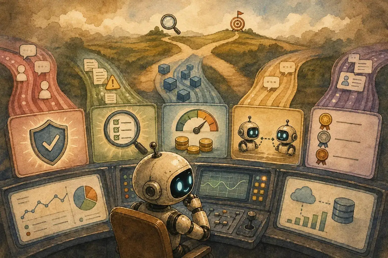 Ilustração em estilo aquarela vintage de um robô em uma central de operações monitorando múltiplos fluxos de trabalho, com painéis que representam segurança, monitoramento, otimização de recursos, comunicação entre agentes e priorização de tarefas.