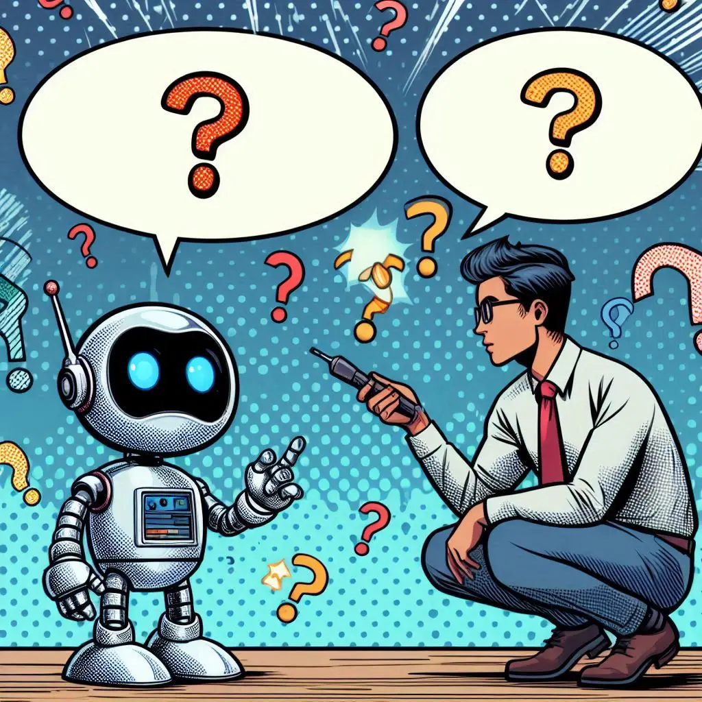 Uma imagem ilustrativa sobre perguntas para a Inteligência Artificial. Um homem falando com um robô e ambos fazendo perguntas