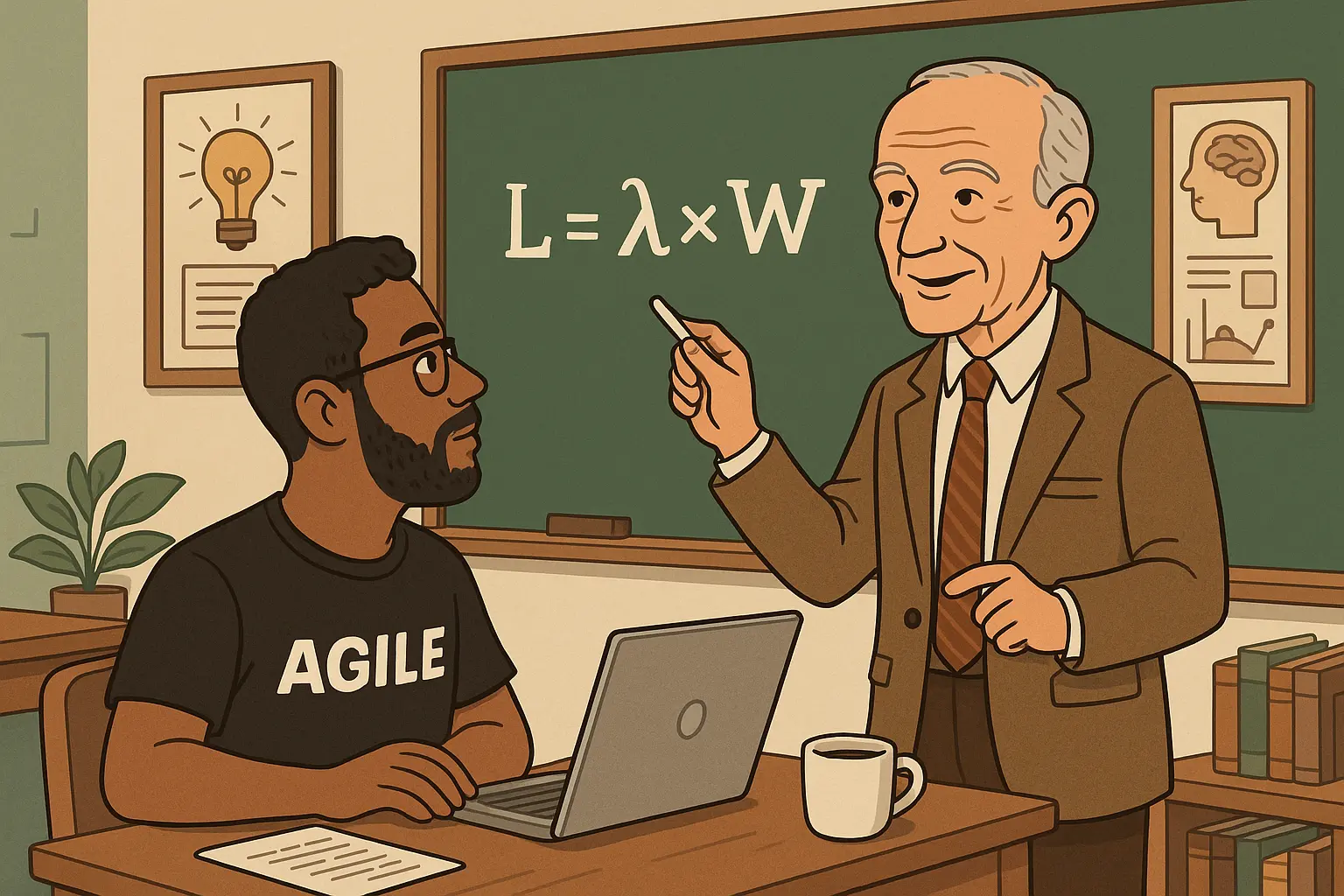 Professor idoso explicando a Lei de Little em um quadro verde enquanto um aluno pardo, com camiseta "AGILE", escuta atentamente em uma sala de aula vintage.