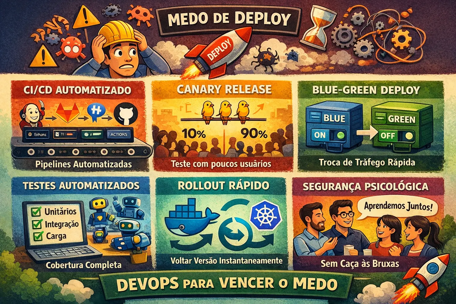 Ilustração em estilo cartoon mostrando um desenvolvedor com medo de fazer deploy e seis práticas DevOps para reduzir riscos, como CI/CD, Canary Release, Blue-Green, testes automatizados, rollout rápido e segurança psicológica.