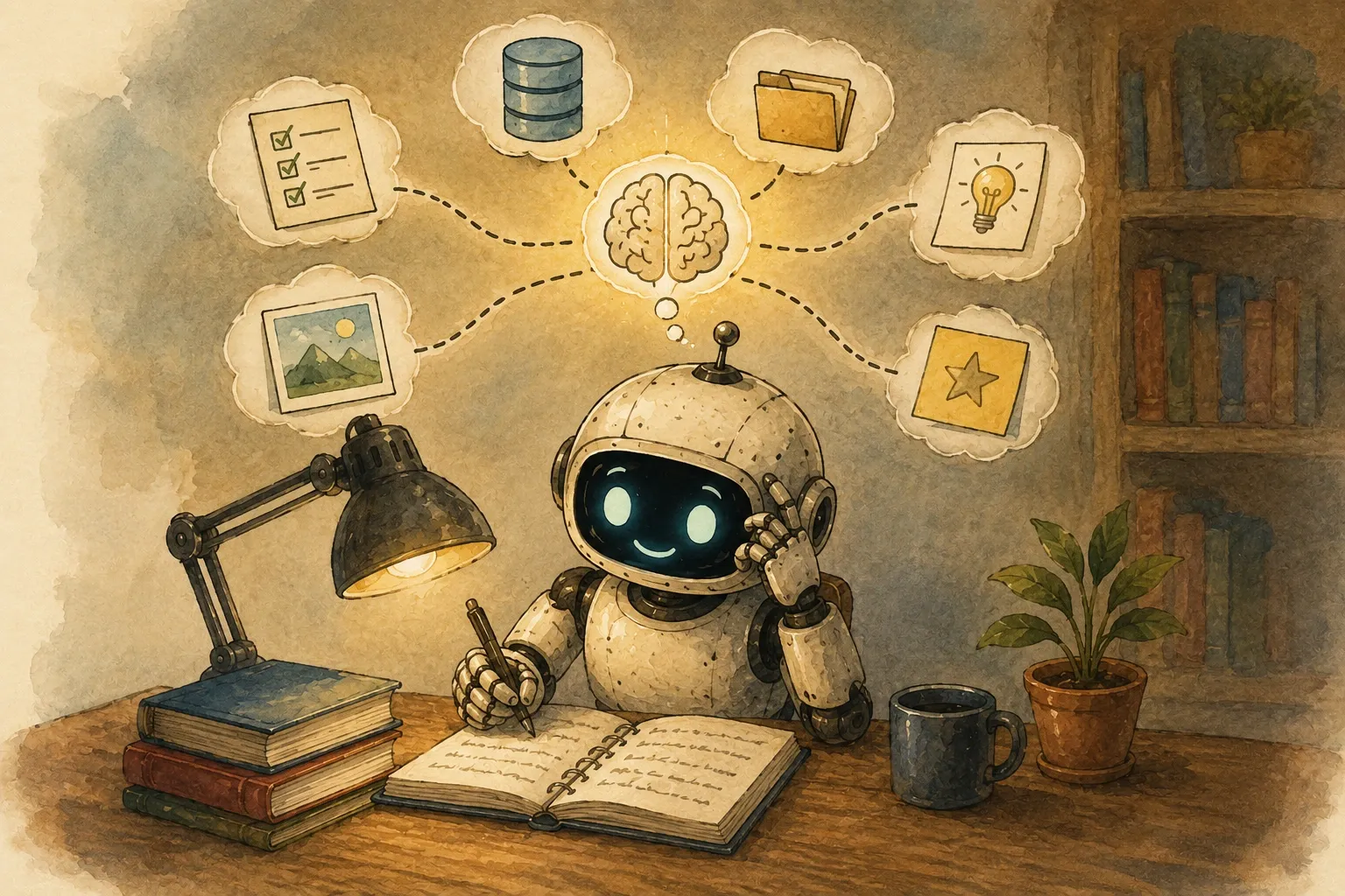 Robô sentado à mesa estudando e escrevendo em um caderno enquanto relembra informações representadas por ícones conectados acima de sua cabeça, simbolizando memória, aprendizado e recuperação de conhecimento.