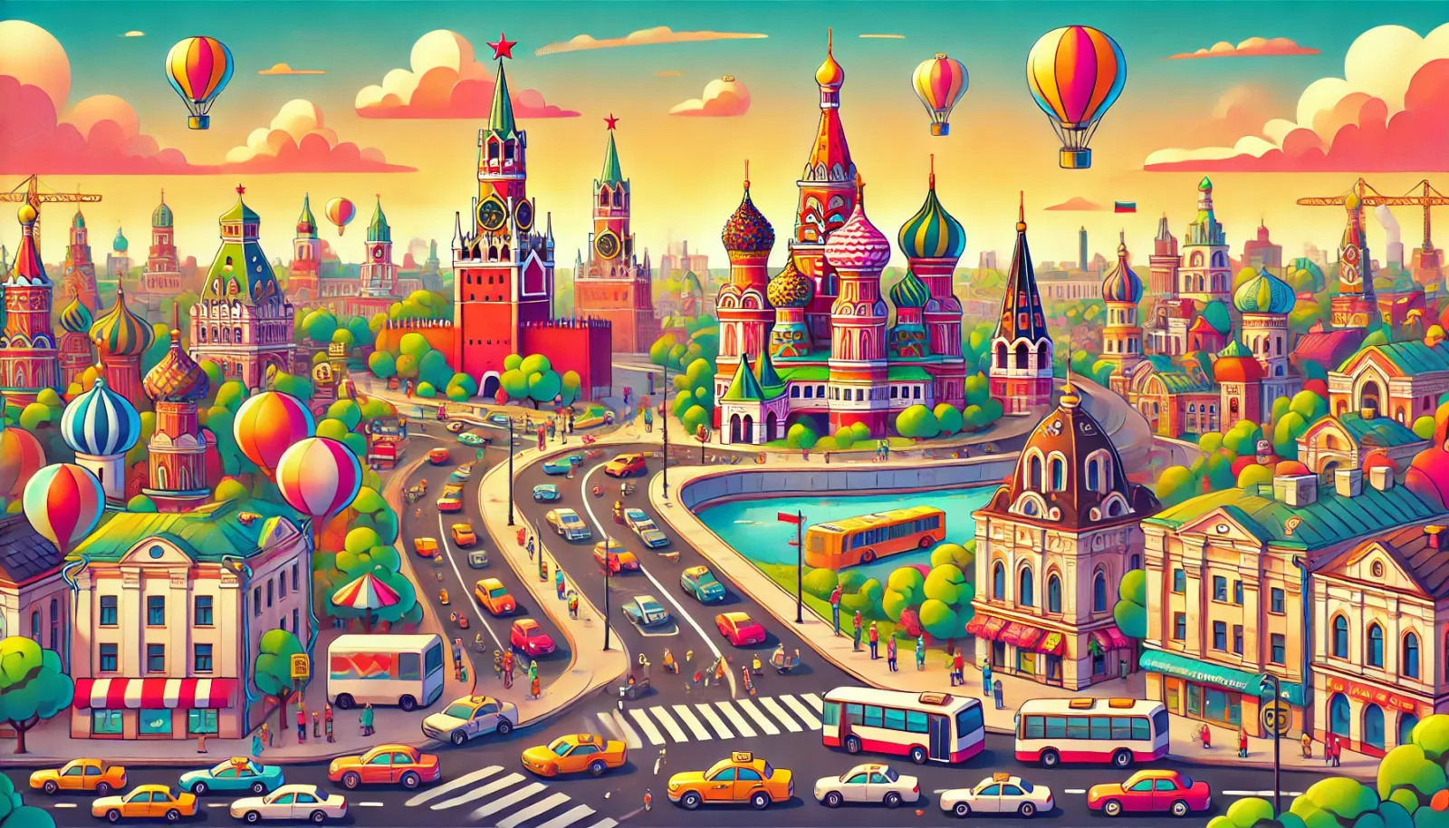 MoSCoW: Ilustração colorida e vibrante de Moscou em estilo cartoon, destacando a Catedral de São Basílio, o Kremlin e ruas movimentadas com carros, pedestres e balões flutuando no céu.