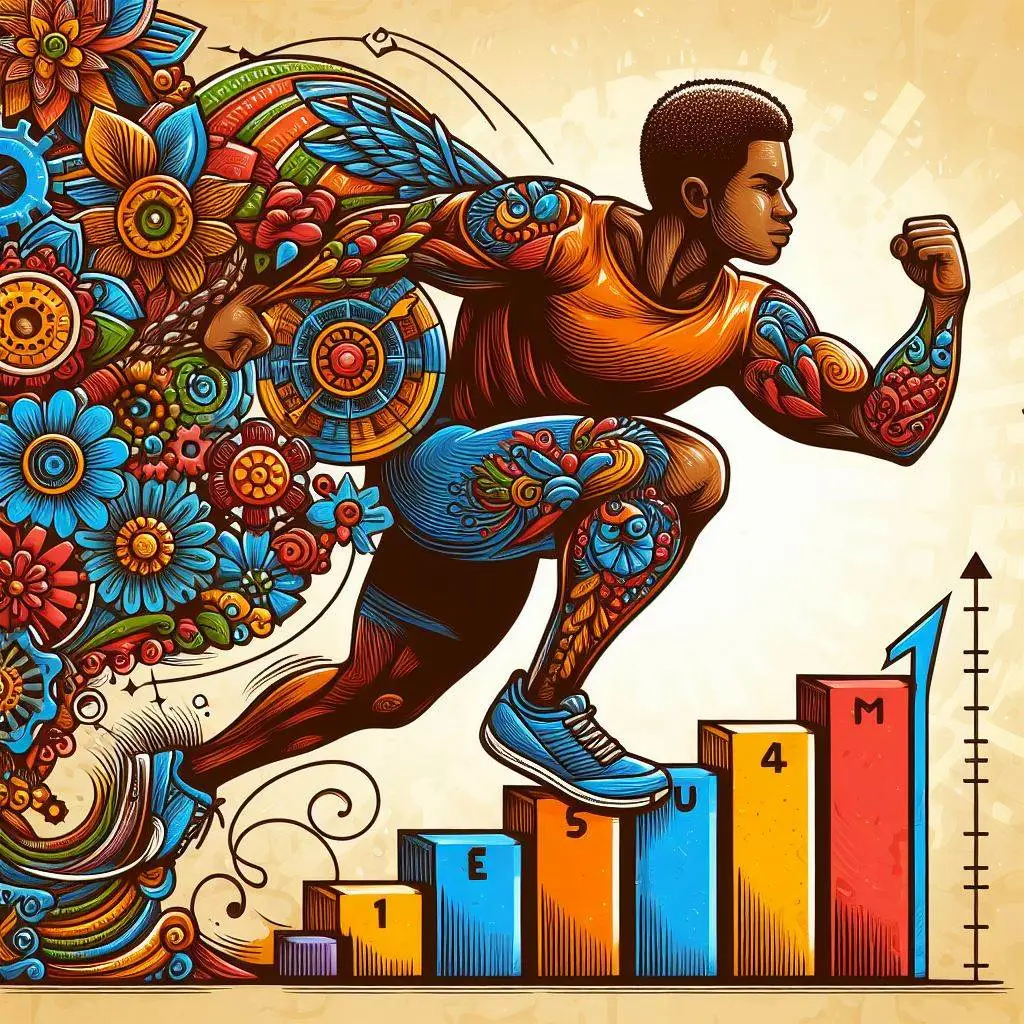 Homem correndo com uma escada no formato de gráfico de barras com uma explosão de cores atrás dele.