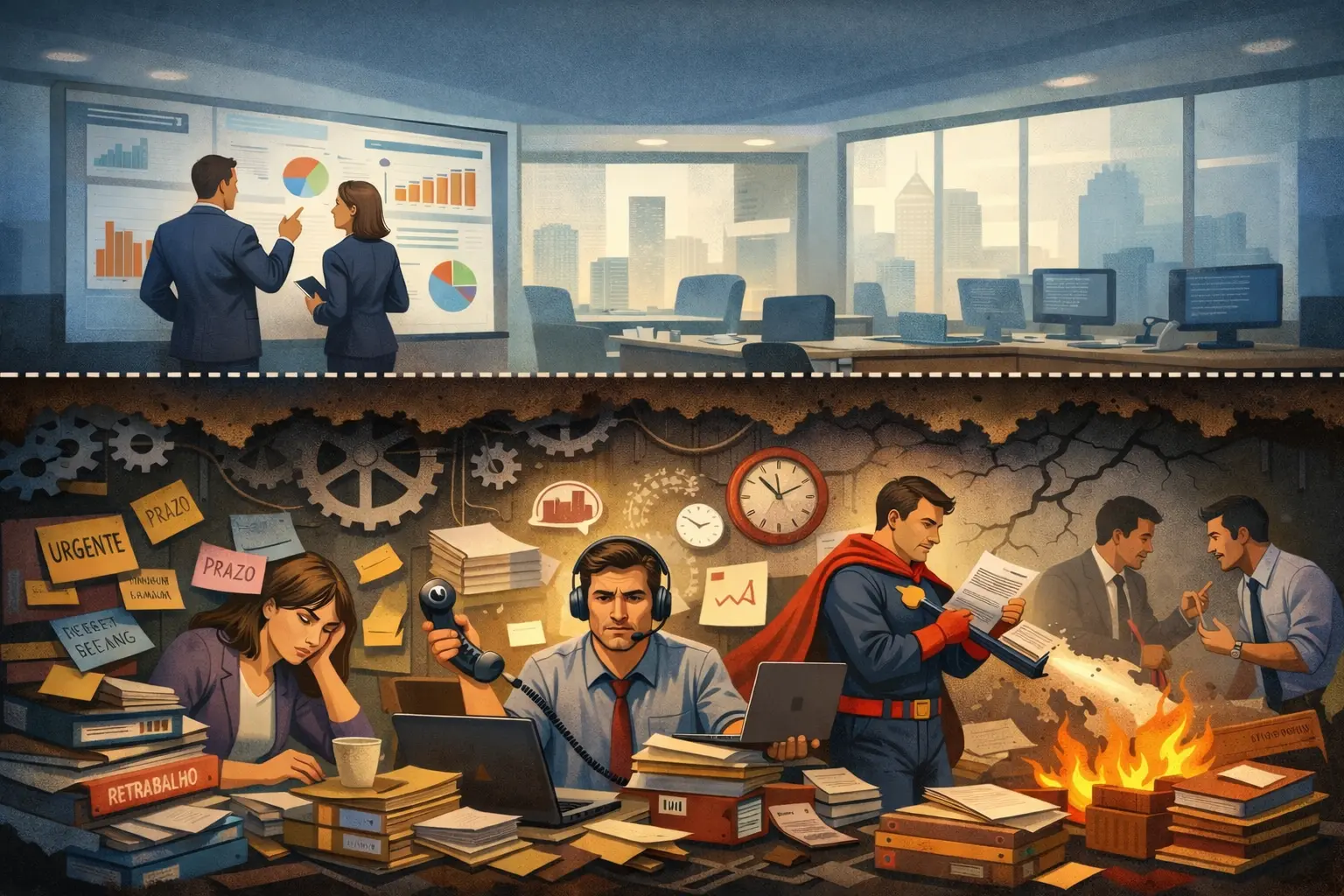 Ilustração em formato paisagem intitulada “O caos invisível”, mostrando um escritório corporativo organizado na parte superior com gráficos e relatórios, enquanto abaixo da superfície aparecem colaboradores sobrecarregados, papéis acumulados, avisos de urgência, retrabalho, conflitos e um “herói organizacional” tentando resolver tudo em meio ao caos estrutural oculto.