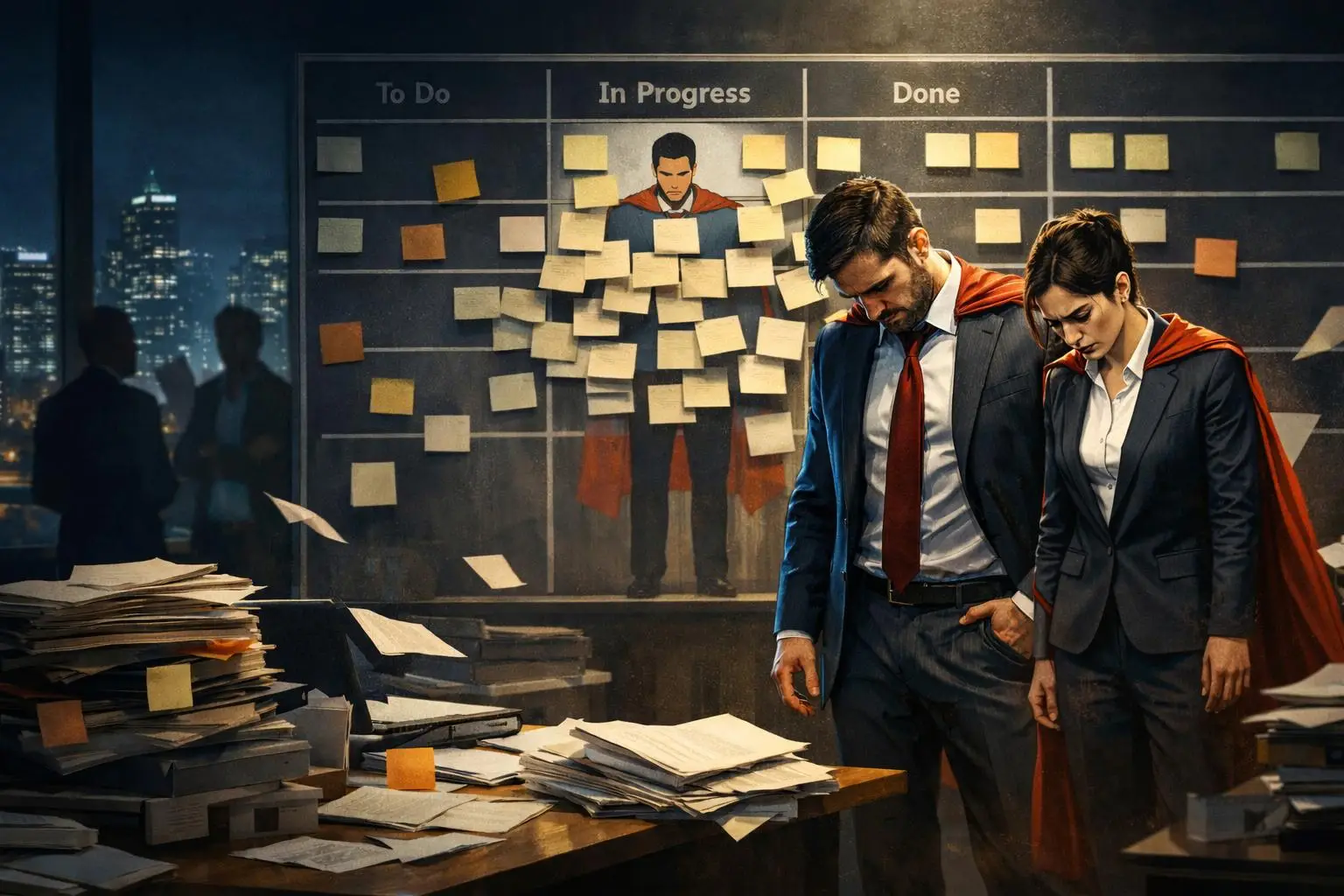 Dois heróis corporativos exaustos, um homem e uma mulher usando capas vermelhas, estão lado a lado em um escritório à noite, cercados por pilhas de papéis e um quadro Kanban sobrecarregado, simbolizando centralização, dependência e o custo invisível do mito do herói nas organizações.