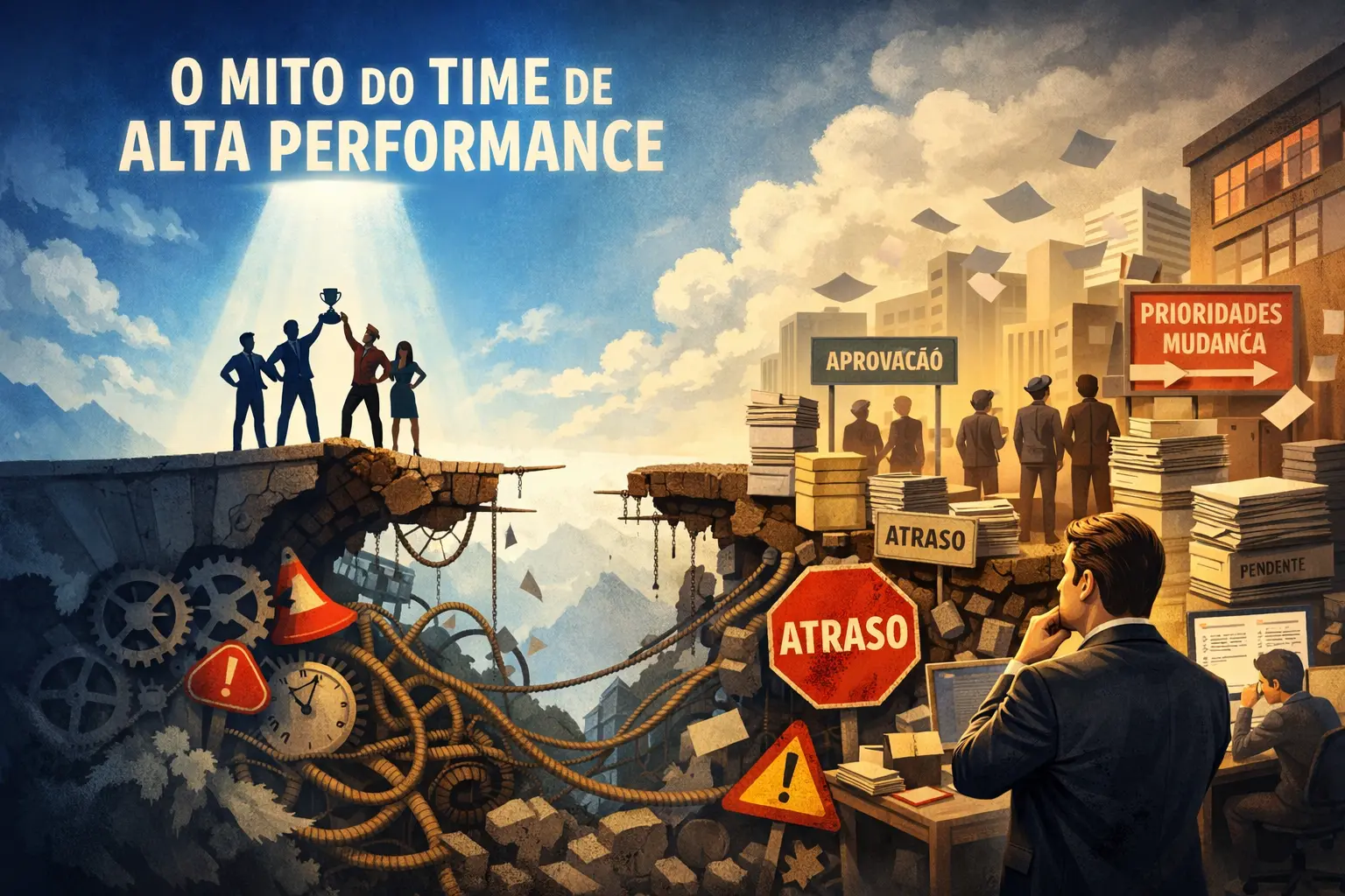 Ilustração em paisagem mostrando o contraste entre o mito do time de alta performance e a realidade organizacional, com um time celebrado no topo enquanto o trabalho enfrenta atrasos, dependências e bloqueios em um sistema burocrático.