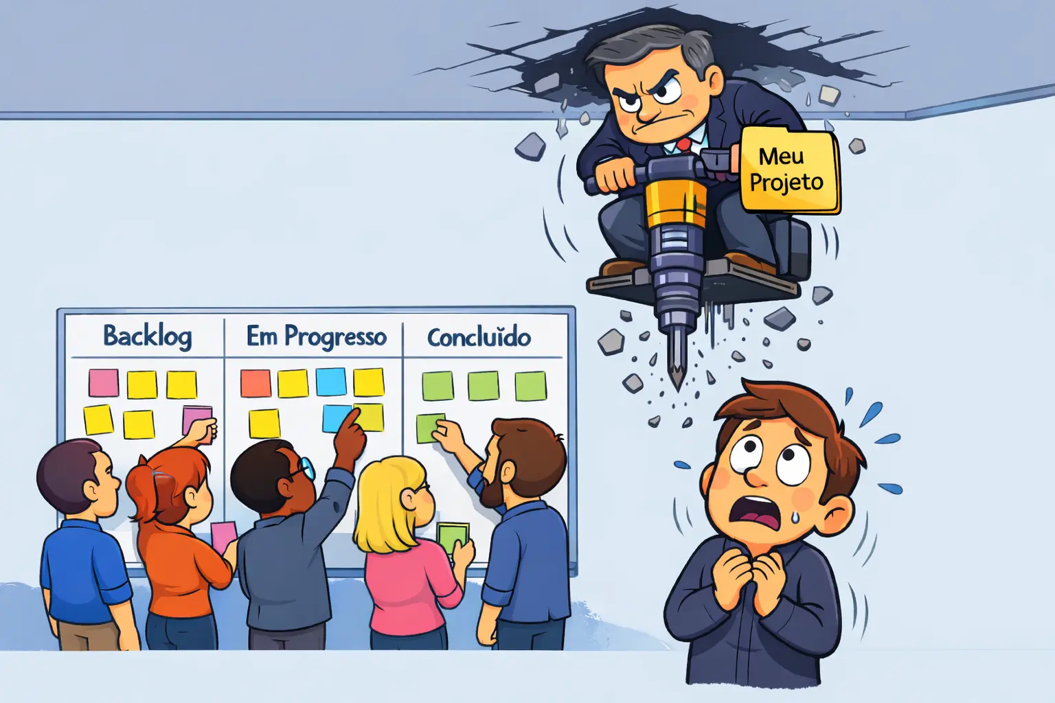 Ilustração em estilo cartoon simples, formato paisagem. À esquerda, um time de cinco pessoas interage de forma colaborativa diante de um quadro Kanban fixado na parede, com três colunas escritas “Backlog”, “Em Progresso” e “Concluído”. O quadro contém vários post-its coloridos organizados nas colunas. Os membros da equipe estão de costas para o observador, olhando entre si e movimentando cartões no quadro, sugerindo trabalho em equipe e organização do fluxo. À direita, uma pessoa isolada aparece com expressão de medo, olhos arregalados e mãos próximas ao peito, olhando para cima. Acima dela, um chefe com expressão ranzinza surge do teto pilotando uma pequena perfuratriz, quebrando o forro e deixando pedaços de concreto caírem. Em uma das mãos ele segura uma pasta amarela escrita “Meu Projeto”, simbolizando a imposição de um projeto pessoal que rompe o fluxo organizado do time.