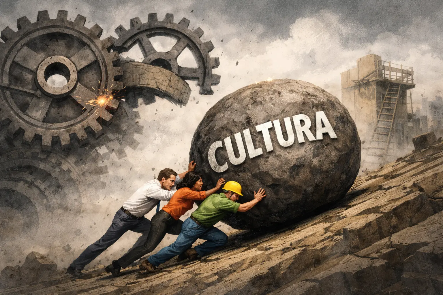 Ilustração conceitual mostrando três pessoas empurrando uma grande pedra escrita “CULTURA” montanha acima, enquanto ao fundo grandes engrenagens quebradas representam um sistema organizacional mal estruturado.