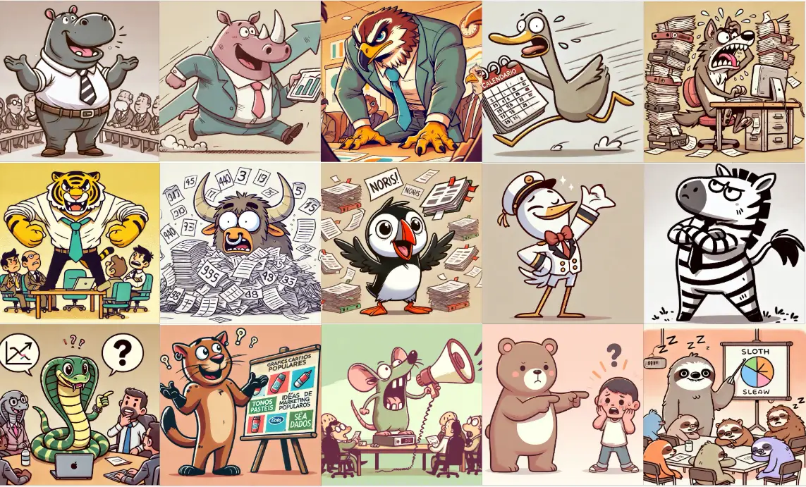 Uma colagem de 15 ilustrações em estilo cartoon representando animais em diversas situações de trabalho, simbolizando desafios e disfunções em times ágeis. Primeira linha: Um hipopótamo de terno e gravata com os braços abertos, parecendo um líder motivador. Um rinoceronte de terno correndo com um tablet mostrando um gráfico de crescimento. Um falcão agressivo em uma reunião, inclinado sobre a mesa com expressão intimidadora. Um pato correndo segurando um calendário. Um lobo estressado em um escritório bagunçado com pilhas de papéis ao redor. Segunda linha: 6. Um tigre musculoso batendo na mesa em uma reunião, intimidando os participantes. 7. Um boi desesperado cercado por montanhas de documentos e números. 8. Um pinguim gritando “NORS! NORS!” enquanto papéis voam ao seu redor. 9. Um pato capitão de uniforme, fazendo pose confiante. 10. Uma zebra de braços cruzados, parecendo teimosa ou resistente. Terceira linha: 11. Uma cobra em uma reunião de negócios, olhando para gráficos e parecendo manipuladora. 12. Um leão apresentando gráficos populares em um quadro. 13. Um rato gritando no megafone durante uma reunião caótica. 14. Um urso apontando para uma criança assustada, parecendo acusá-la de algo. 15. Uma preguiça dando uma apresentação extremamente lenta enquanto o público dorme. A imagem utiliza tons pastéis e um estilo lúdico para representar metáforas de disfunções em times ágeis.