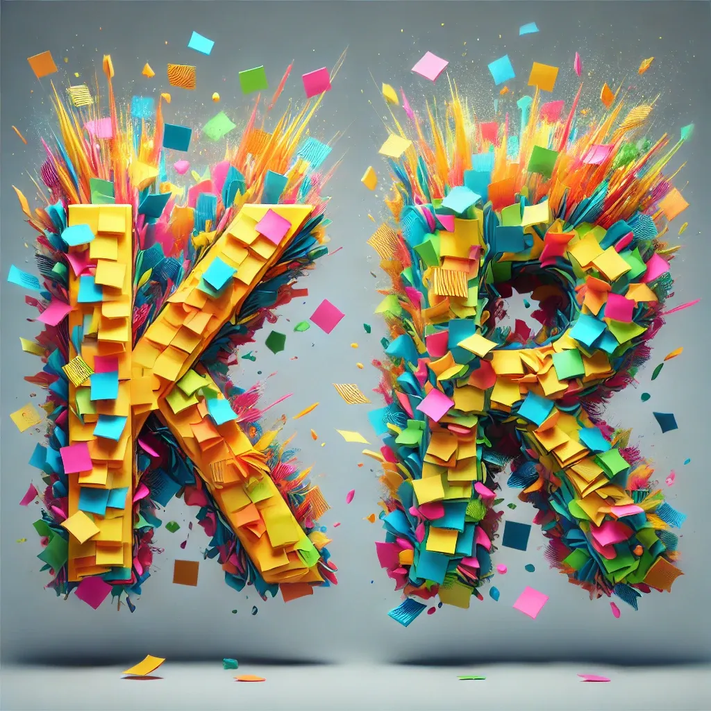 As letras KR de OKR cheia de postits explodindo.